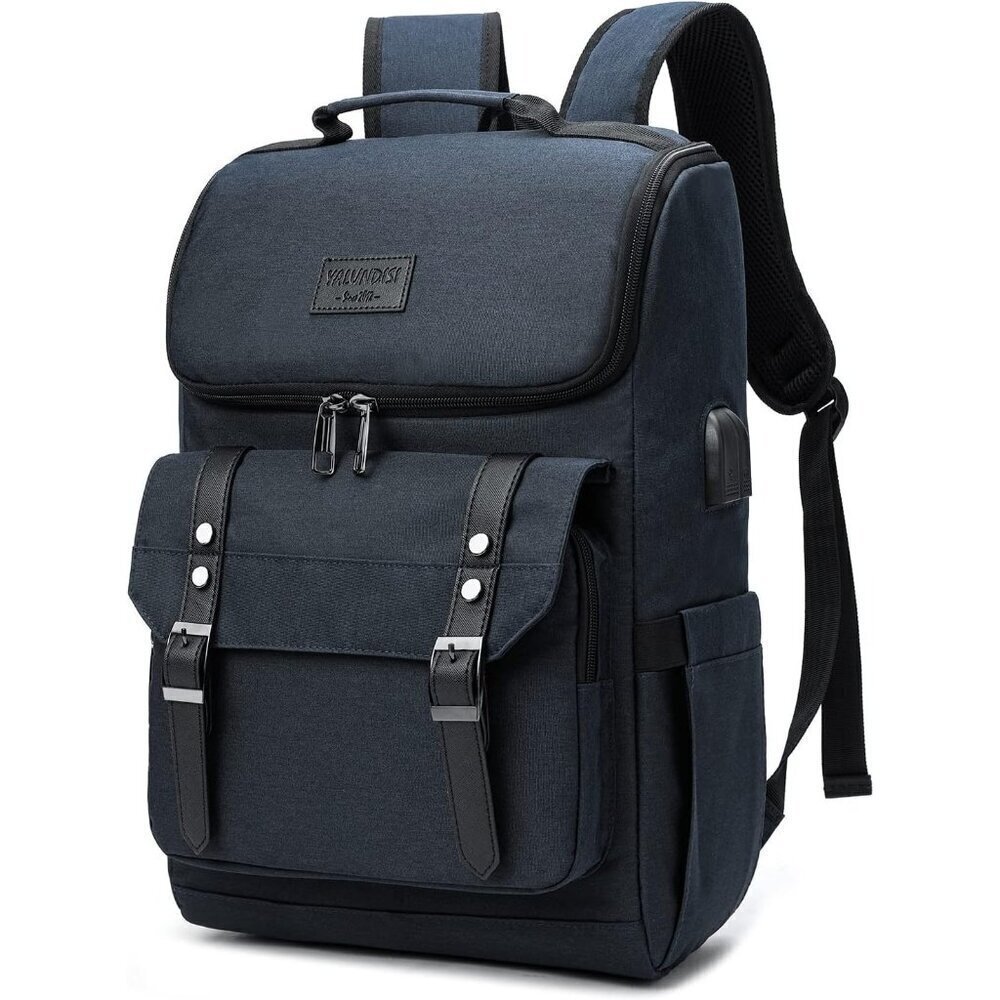 YALUNDISI Vintage Backpack Travel navy blue Laptop bag with USB Charging Port.